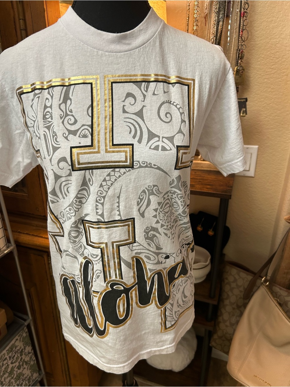 White Aloha Graphic Short Sleeve Tee with Gold Accent